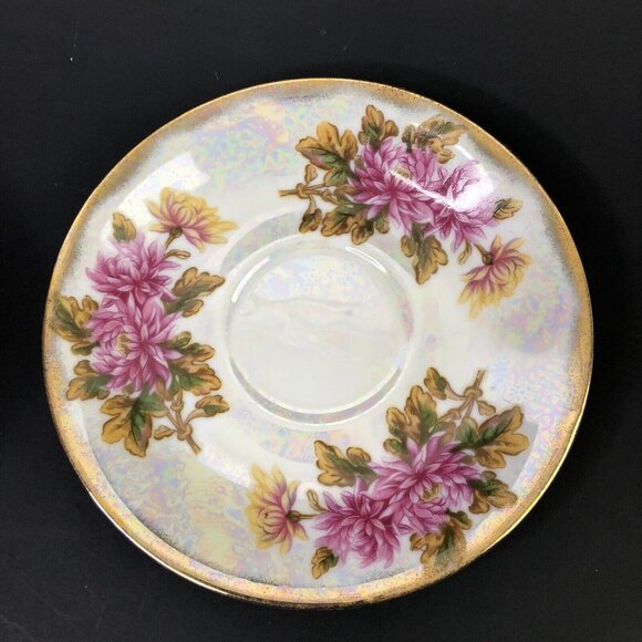 VTG November Chrysanthemum Footed Teacup Saucer Pink Floral Iridescent Cottage - Picture 8 of 14